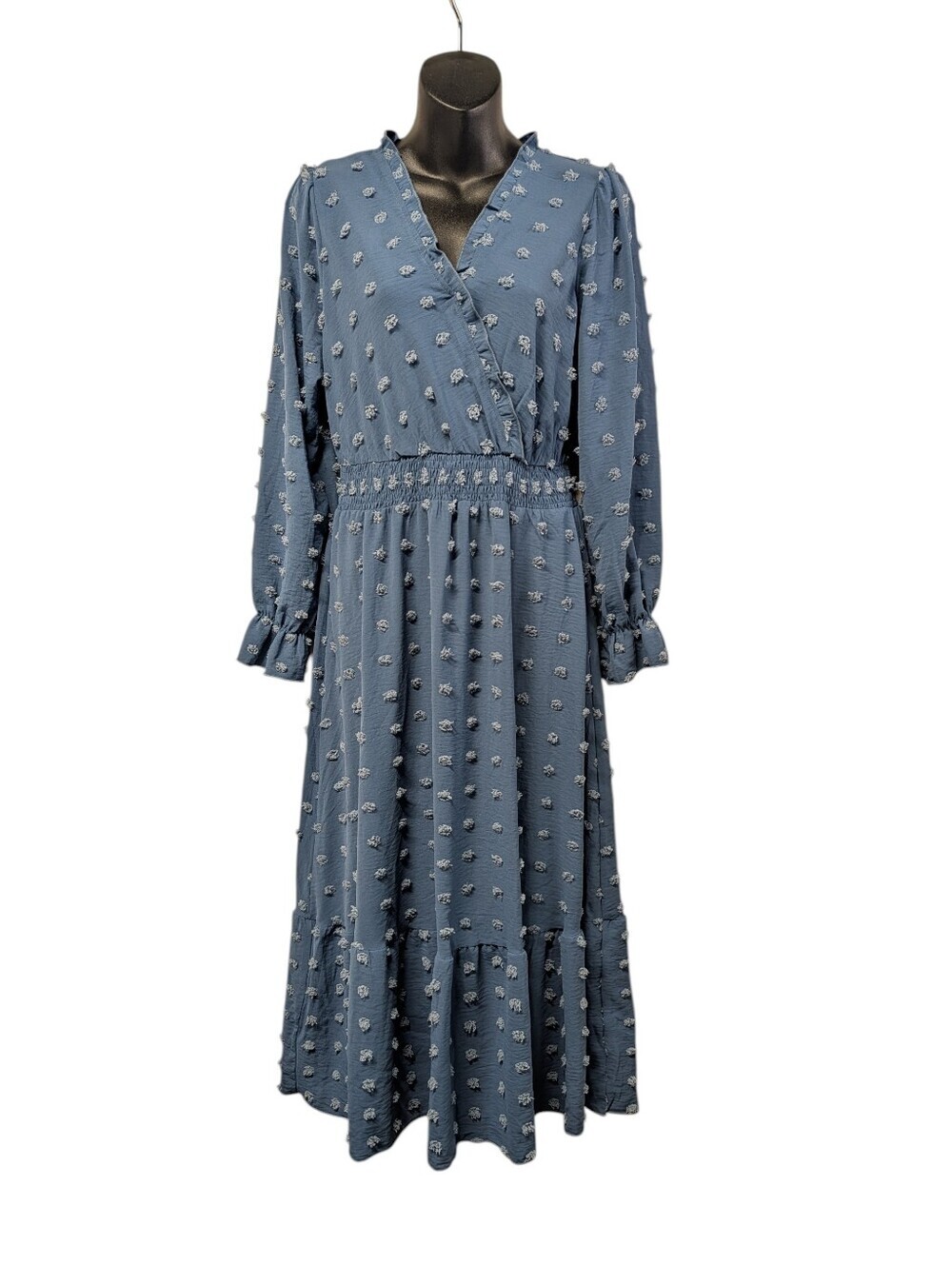 Fashion Blue Swiss Dot Long Sleeve Smocked Waist Maxi Dress Size S NWT